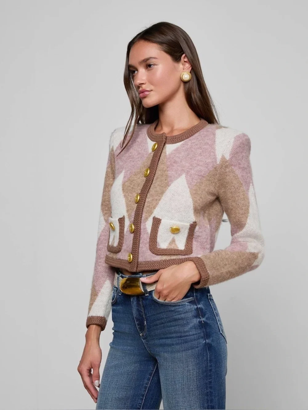 NWT L’agence Siobhan Argyle Cardigan NATURAL MAUVE Wool Sweater Small